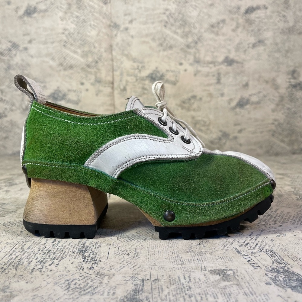 Vintage 90s John Fluevog Restitution Wooden Clog Shoes Made in England Leather